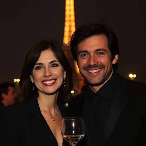 Photo d'Isabelle Adjani et Gaspard Ulliel souriant ensemble lors d'un événement à Paris, avec la Tour Eiffel illuminée en arrière-plan.