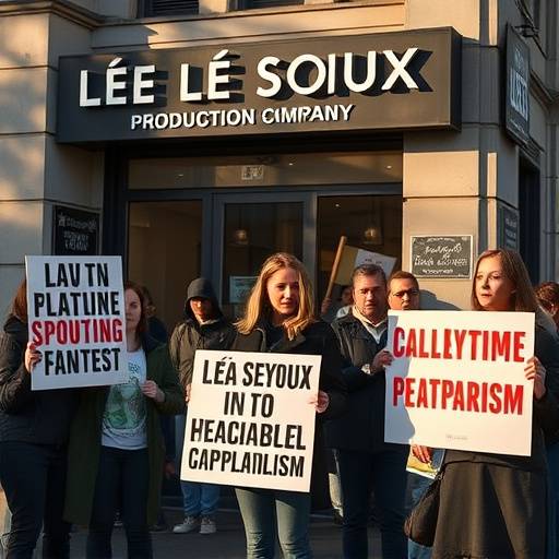 Photo d'une manifestation devant les bureaux de la société de production de Léa Seydoux, des pancartes avec des slogans anti-plagiat