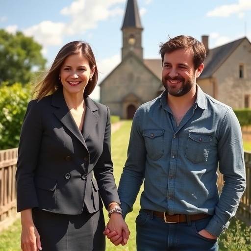Photo de Marion Cotillard et Guillaume Canet souriant et se tenant la main devant une église de campagne en Normandie.